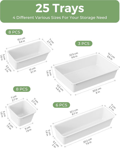 25 PCS Plastic Drawer Organizers Set, 4-Sizes Vanity and Makeup Organizer, Desk and bathroom Drawer Organizer Trays, Organizers and Storage for Makeup, Jewelry, Gadgets, Utensils (Pink)