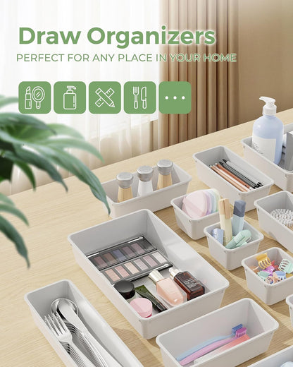 25 PCS Plastic Drawer Organizers Set, 4-Sizes Vanity and Makeup Organizer, Desk and bathroom Drawer Organizer Trays, Organizers and Storage for Makeup, Jewelry, Gadgets, Utensils (Pink)