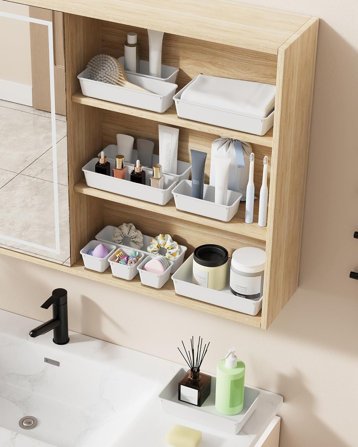 25 PCS Plastic Drawer Organizers Set, 4-Sizes Vanity and Makeup Organizer, Desk and bathroom Drawer Organizer Trays, Organizers and Storage for Makeup, Jewelry, Gadgets, Utensils (Pink)