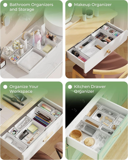25 PCS Plastic Drawer Organizers Set, 4-Sizes Vanity and Makeup Organizer, Desk and bathroom Drawer Organizer Trays, Organizers and Storage for Makeup, Jewelry, Gadgets, Utensils (Pink)