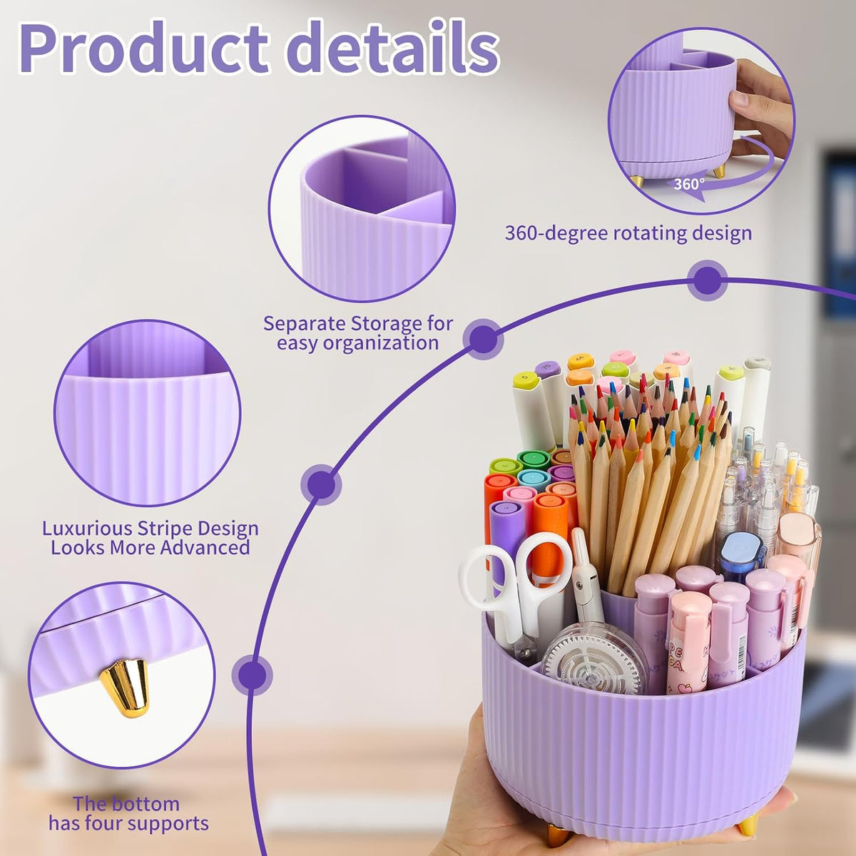 360°Rotating Pen&Pencil Holder For Desk With 5Slots Cute Office