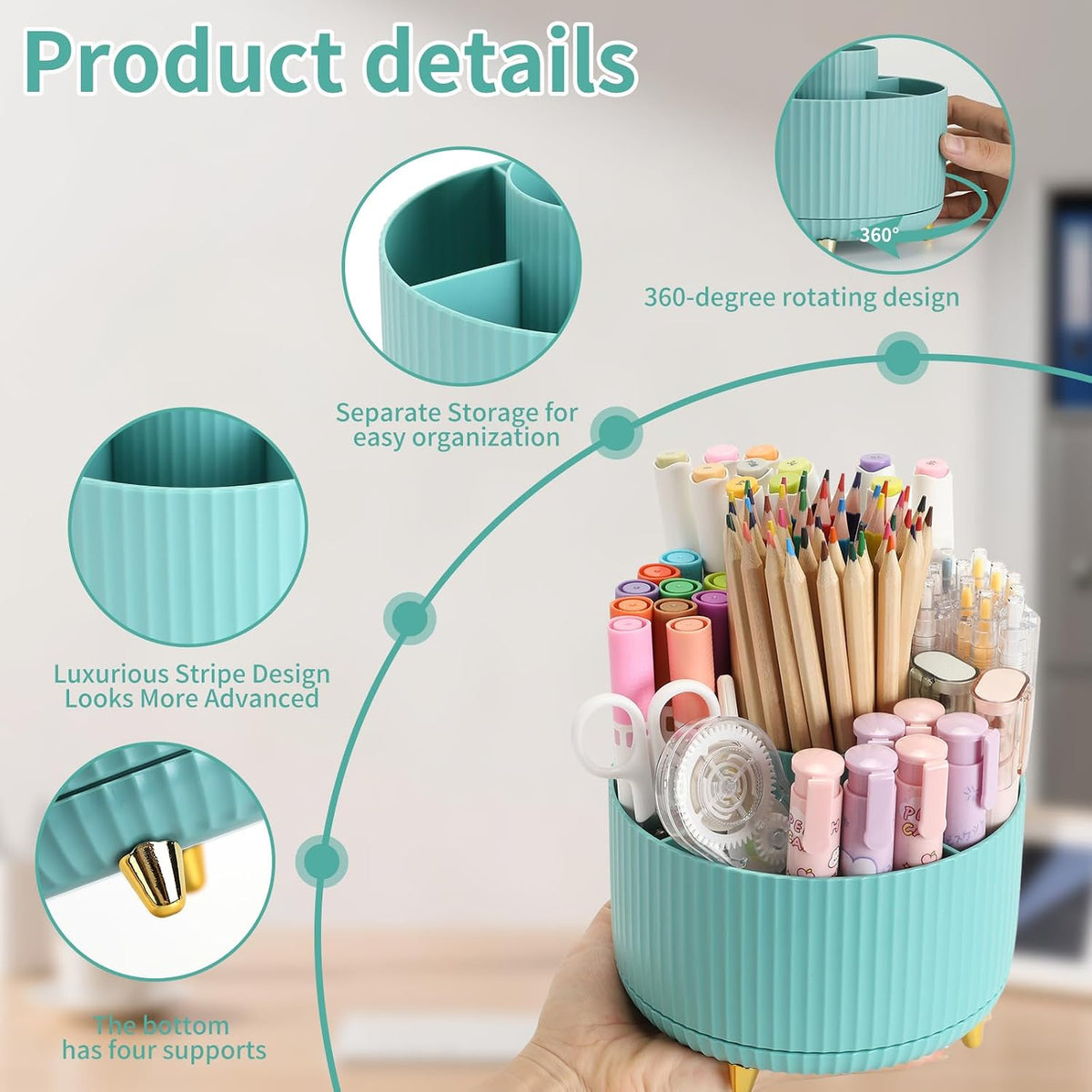 360°Rotating Pen&Pencil Holder For Desk With 5Slots Cute Office