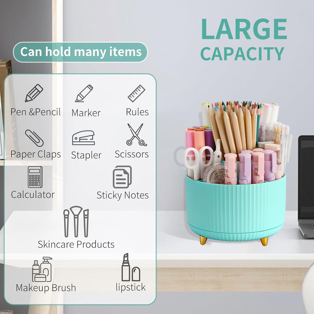 360°Rotating Pen&Pencil Holder For Desk With 5Slots Cute Office