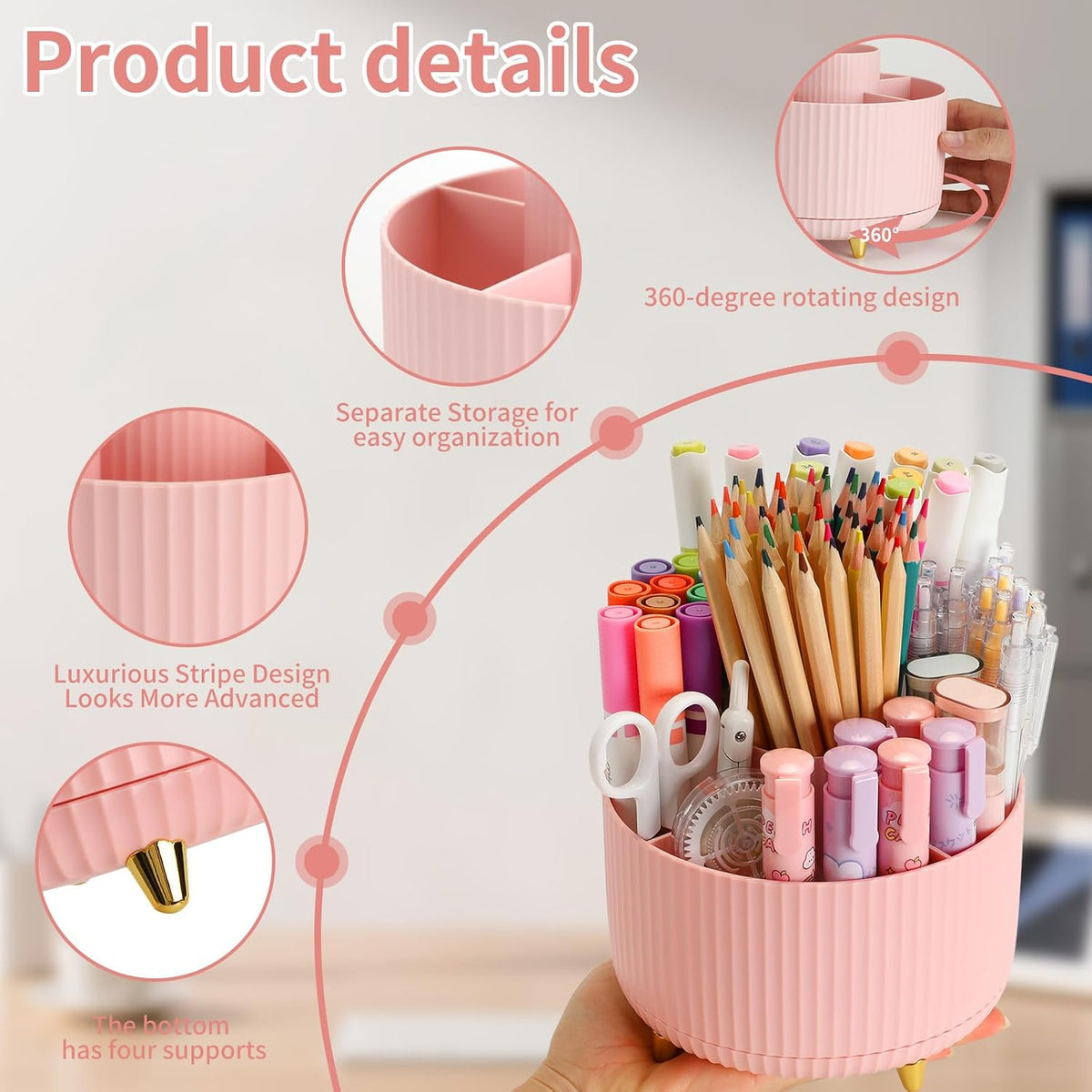 360°Rotating Pen&Pencil Holder For Desk With 5Slots Cute Office
