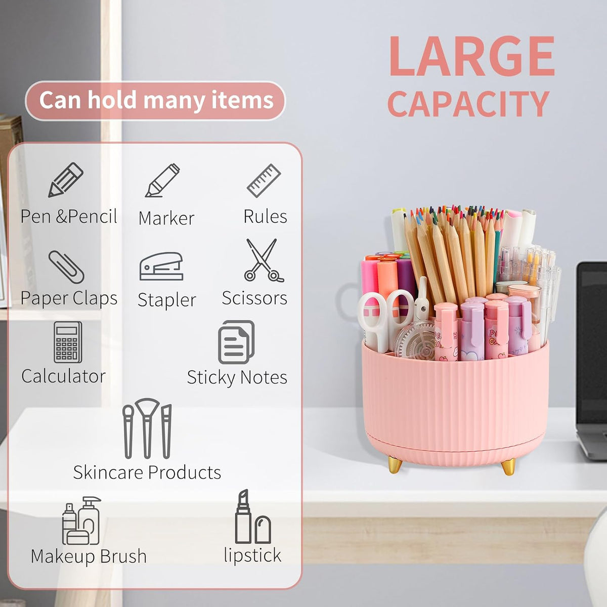 360°Rotating Pen&Pencil Holder For Desk With 5Slots Cute Office