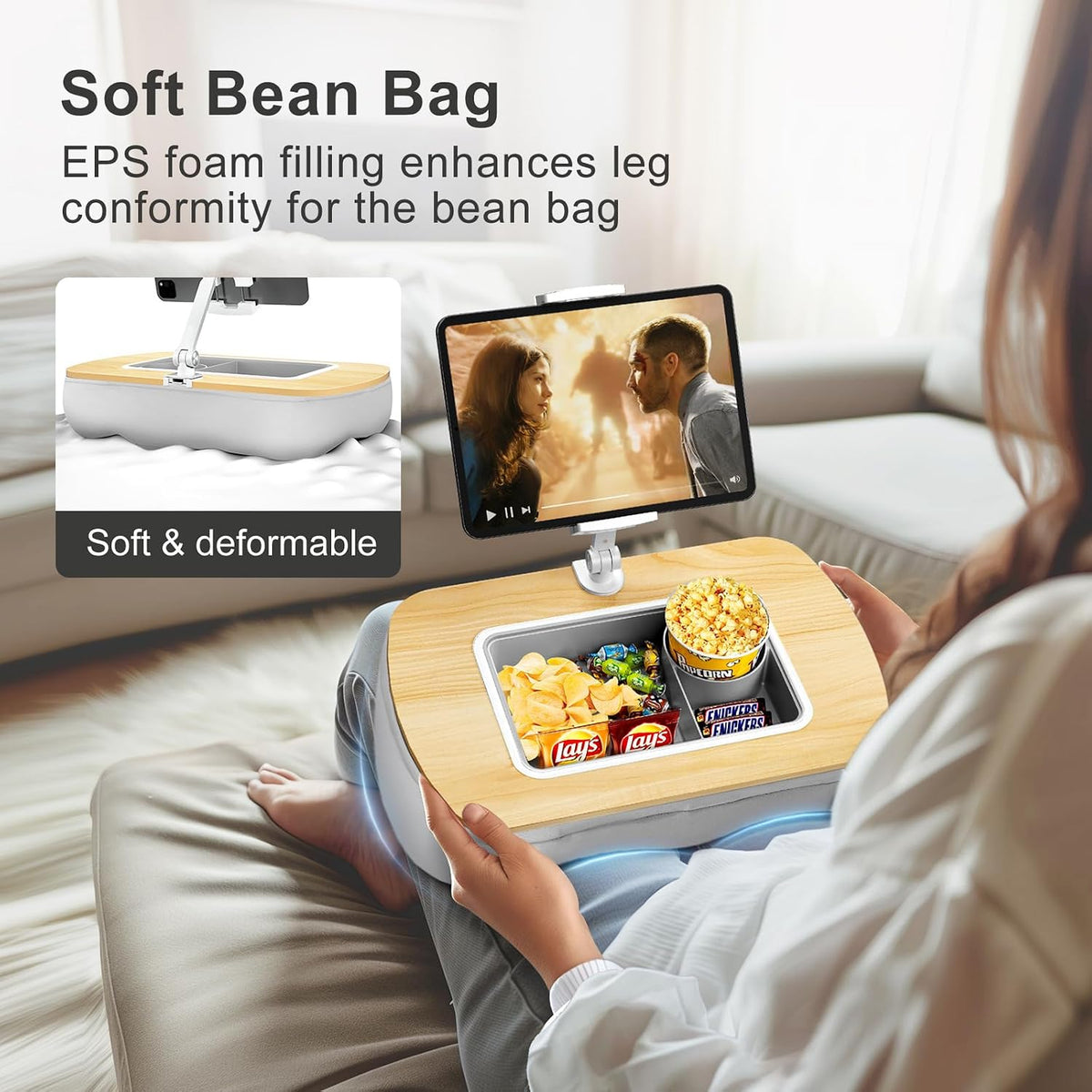 Tablet Pillow Stand for Lap, Adjustable iPad Holder with Snack Bowl