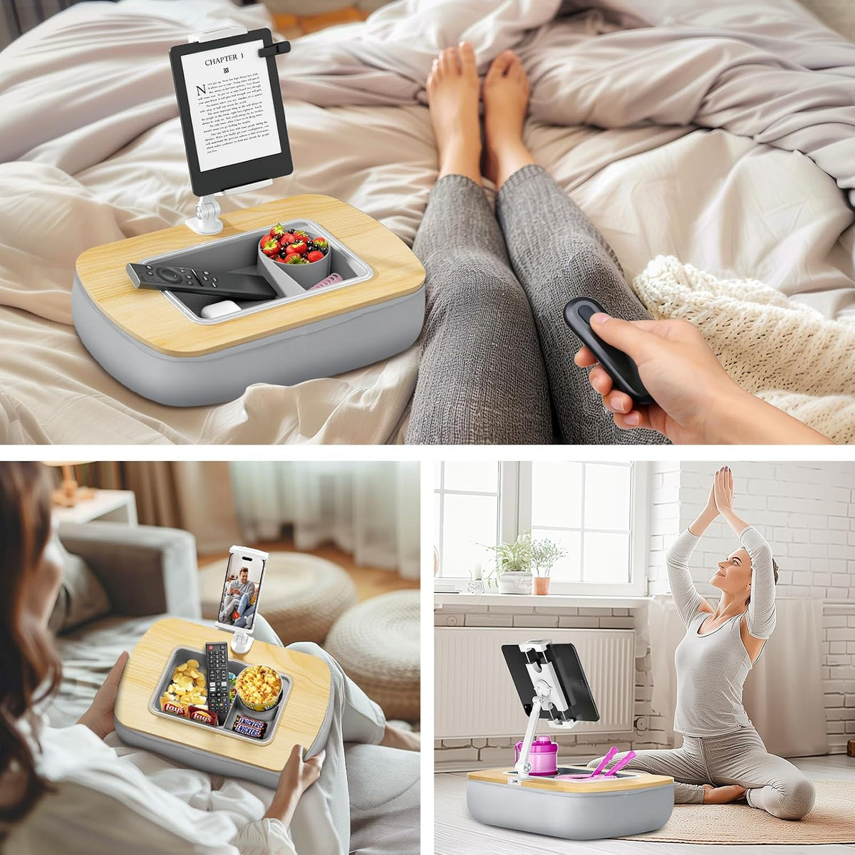 Tablet Pillow Stand for Lap, Adjustable iPad Holder with Snack Bowl