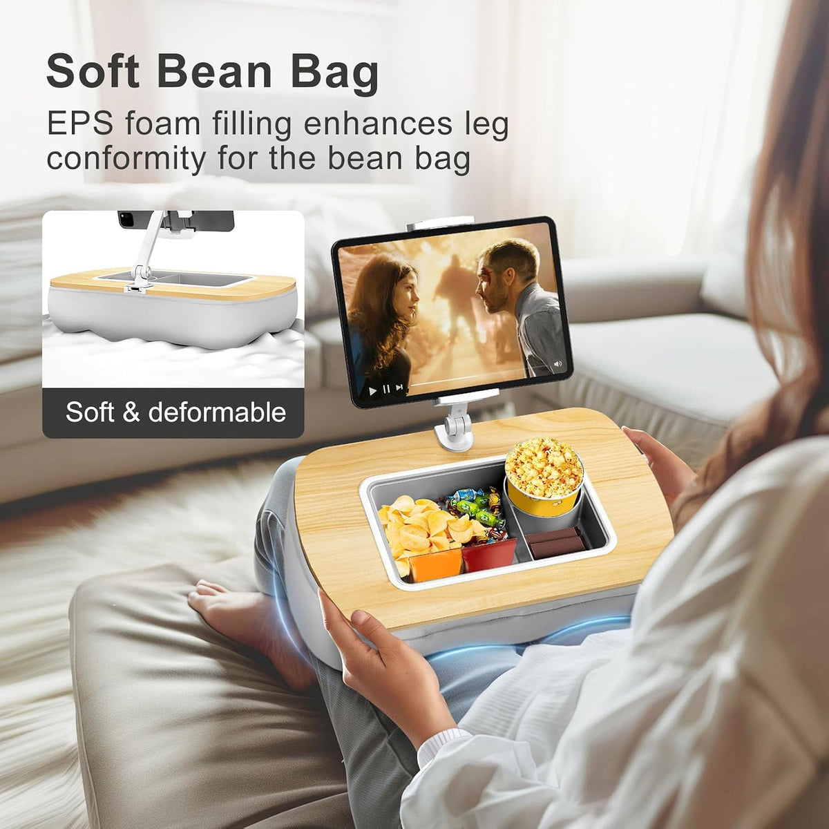Tablet Pillow Stand for Lap, Adjustable iPad Holder with Snack Bowl