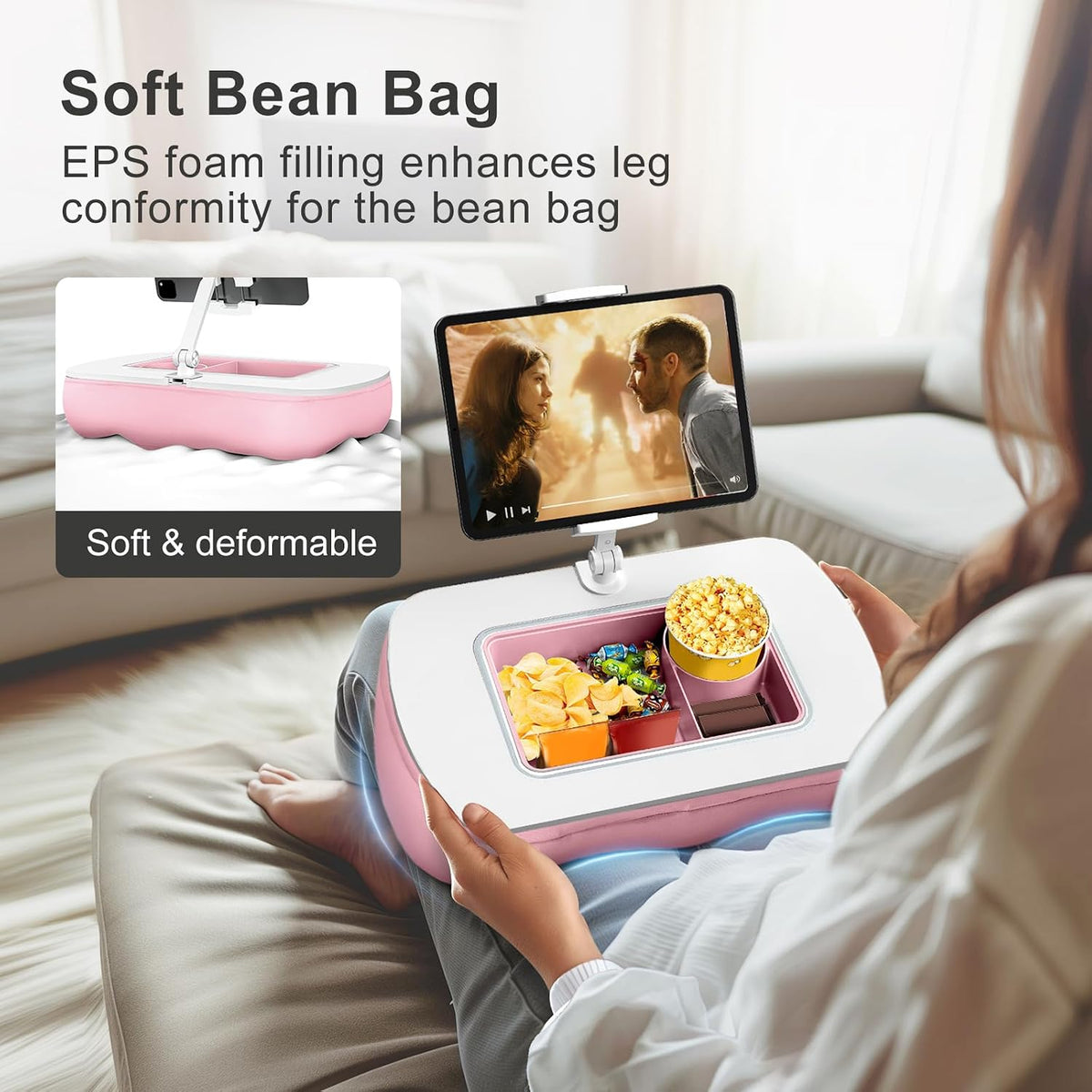 Tablet Pillow Stand for Lap, Adjustable iPad Holder with Snack Bowl