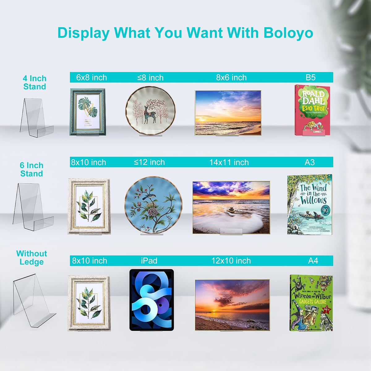 Boloyo Acrylic Book Stand with Ledge, 4 Inch Clear Acrylic Display Easel Transparent Display Stand Holder Tablet Holder for Displaying Books,Magazine,Plate,Pictures,Artworks, CDs