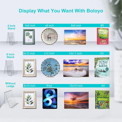 Boloyo Acrylic Book Stand with Ledge, 4 Inch Clear Acrylic Display Easel Transparent Display Stand Holder Tablet Holder for Displaying Books,Magazine,Plate,Pictures,Artworks, CDs
