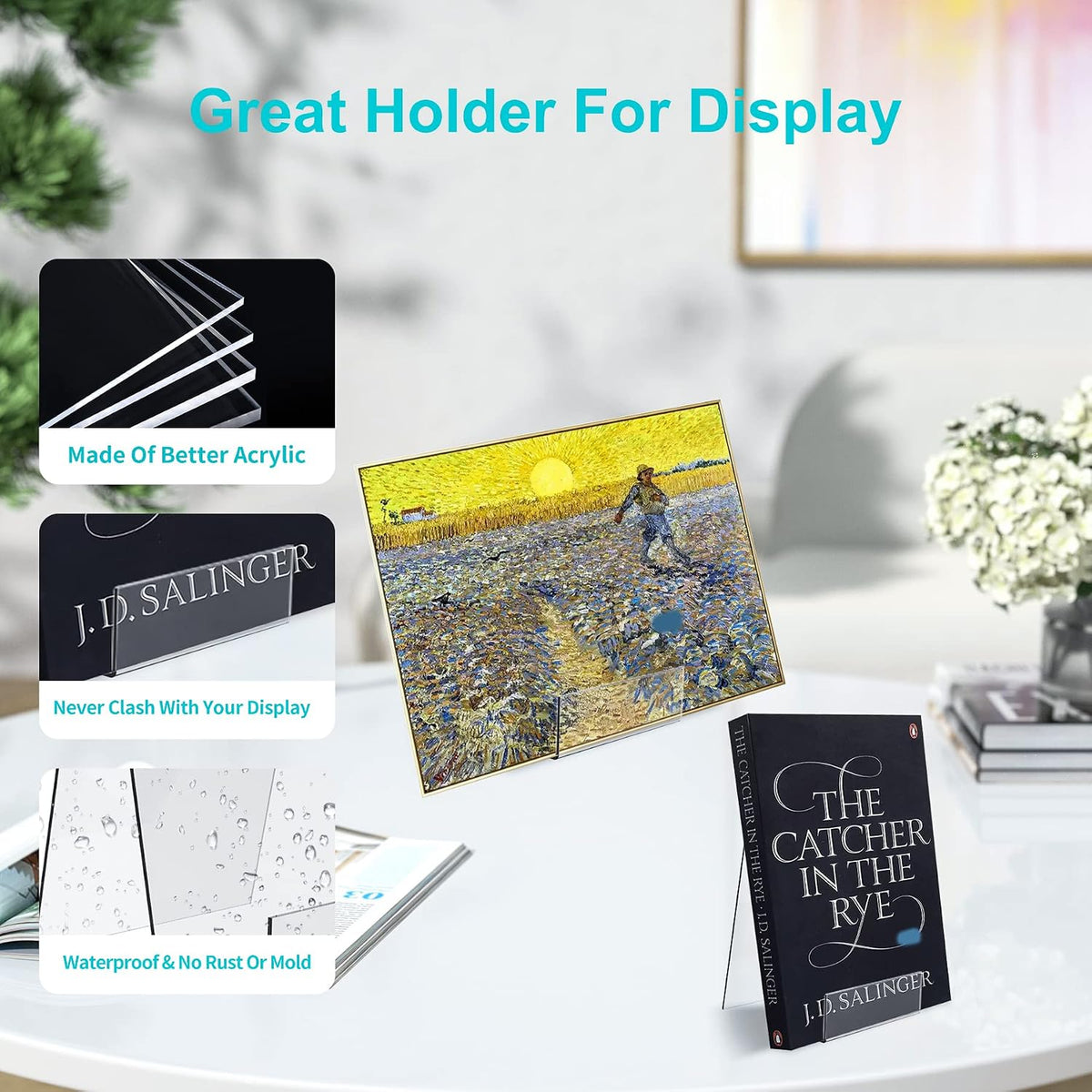 Boloyo Acrylic Book Stand with Ledge, 4 Inch Clear Acrylic Display Easel Transparent Display Stand Holder Tablet Holder for Displaying Books,Magazine,Plate,Pictures,Artworks, CDs