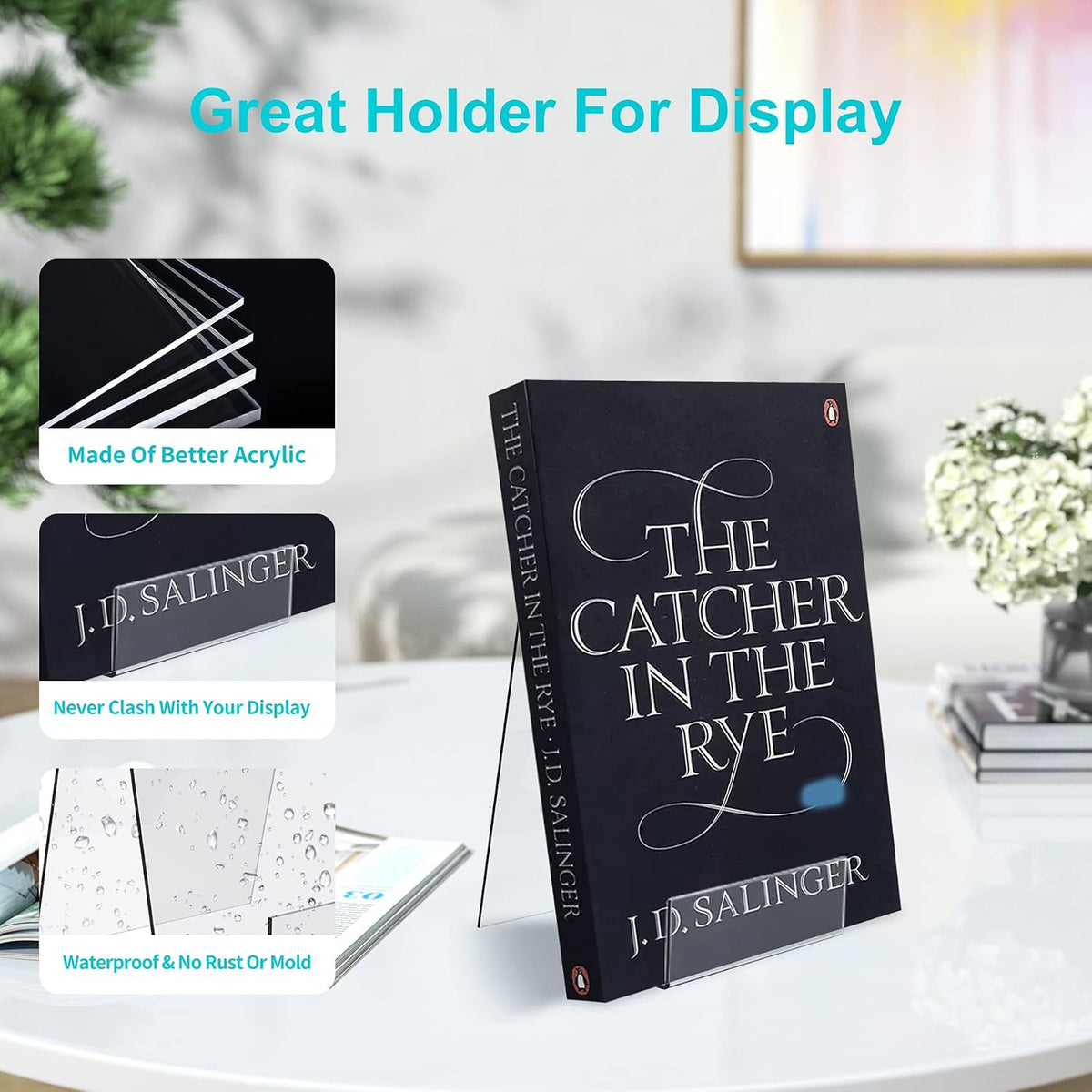 Boloyo Acrylic Book Stand with Ledge, 4 Inch Clear Acrylic Display Easel Transparent Display Stand Holder Tablet Holder for Displaying Books,Magazine,Plate,Pictures,Artworks, CDs