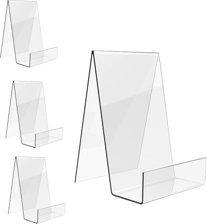 Boloyo Acrylic Book Stand with Ledge, 4 Inch Clear Acrylic Display Easel Transparent Display Stand Holder Tablet Holder for Displaying Books,Magazine,Plate,Pictures,Artworks, CDs