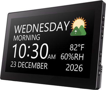 Digital Clock, 10.1 Inch Large Display Calendar Clock with 12 Themes, 20 Alarms, 20 Reminders, Auto Dimming, 12/24 Hours, Indoor Temperature, Humidity for Seniors, Desk (Black)