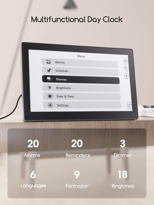 Digital Clock, 10.1 Inch Large Display Calendar Clock with 12 Themes, 20 Alarms, 20 Reminders, Auto Dimming, 12/24 Hours, Indoor Temperature, Humidity for Seniors, Desk (Black)