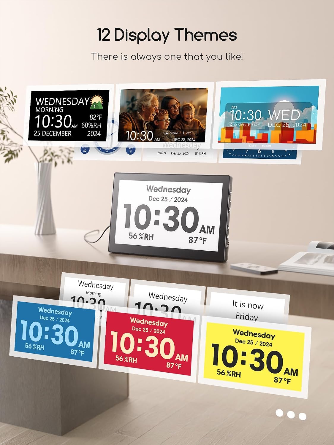 Digital Clock, 10.1 Inch Large Display Calendar Clock with 12 Themes, 20 Alarms, 20 Reminders, Auto Dimming, 12/24 Hours, Indoor Temperature, Humidity for Seniors, Desk (Black)