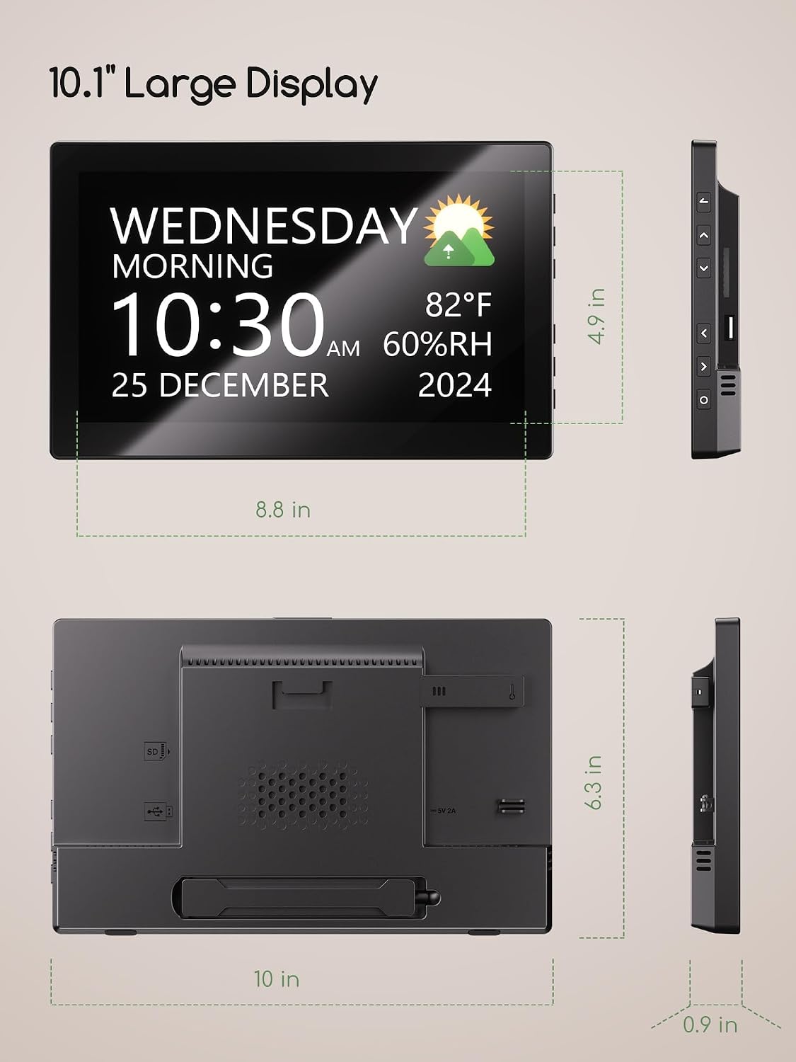 Digital Clock, 10.1 Inch Large Display Calendar Clock with 12 Themes, 20 Alarms, 20 Reminders, Auto Dimming, 12/24 Hours, Indoor Temperature, Humidity for Seniors, Desk (Black)