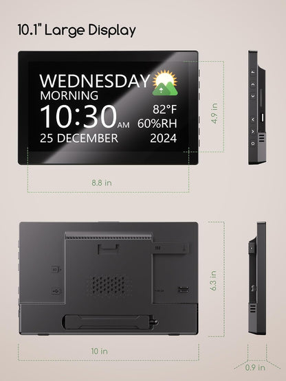 Digital Clock, 10.1 Inch Large Display Calendar Clock with 12 Themes, 20 Alarms, 20 Reminders, Auto Dimming, 12/24 Hours, Indoor Temperature, Humidity for Seniors, Desk (Black)