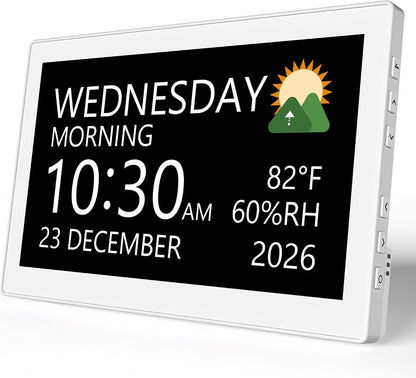 Digital Clock, 10.1 Inch Large Display Calendar Clock with 12 Themes, 20 Alarms, 20 Reminders, Auto Dimming, 12/24 Hours, Indoor Temperature, Humidity for Seniors, Desk (Black)