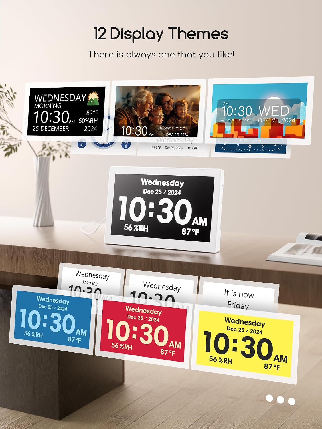 Digital Clock, 10.1 Inch Large Display Calendar Clock with 12 Themes, 20 Alarms, 20 Reminders, Auto Dimming, 12/24 Hours, Indoor Temperature, Humidity for Seniors, Desk (Black)