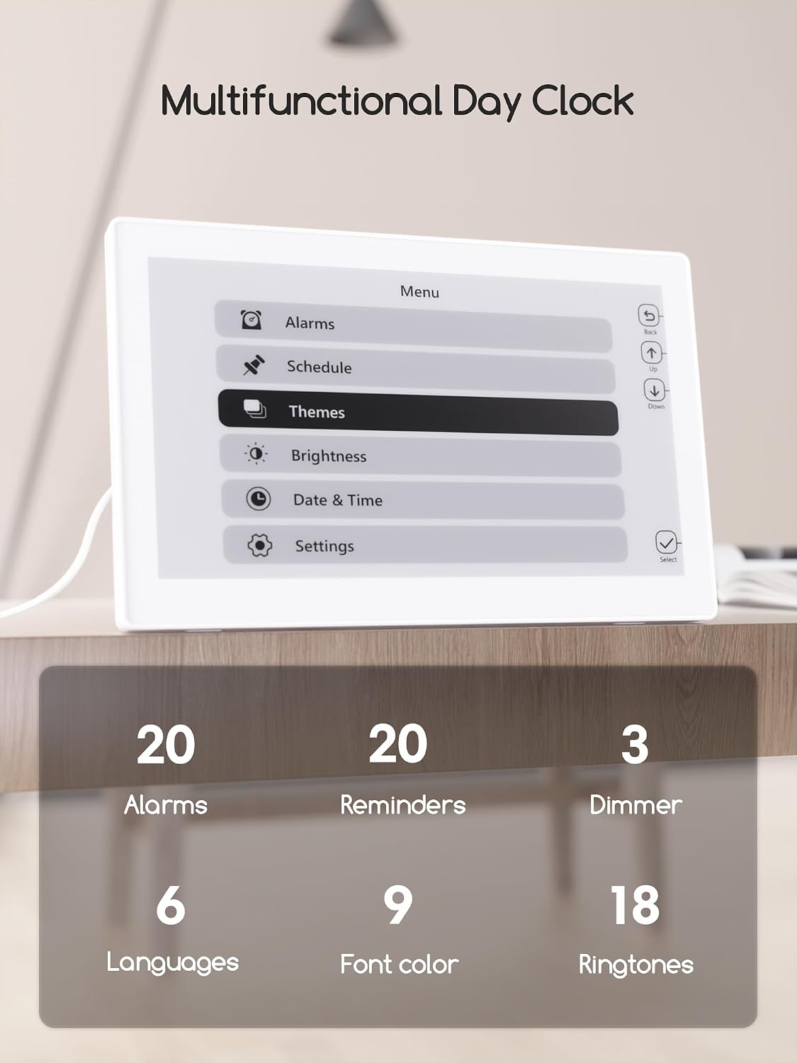 Digital Clock, 10.1 Inch Large Display Calendar Clock with 12 Themes, 20 Alarms, 20 Reminders, Auto Dimming, 12/24 Hours, Indoor Temperature, Humidity for Seniors, Desk (Black)