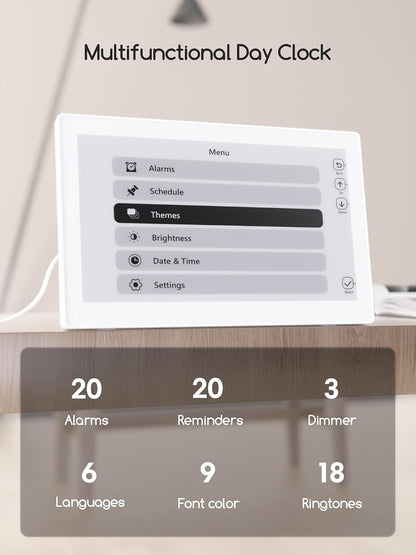 Digital Clock, 10.1 Inch Large Display Calendar Clock with 12 Themes, 20 Alarms, 20 Reminders, Auto Dimming, 12/24 Hours, Indoor Temperature, Humidity for Seniors, Desk (Black)