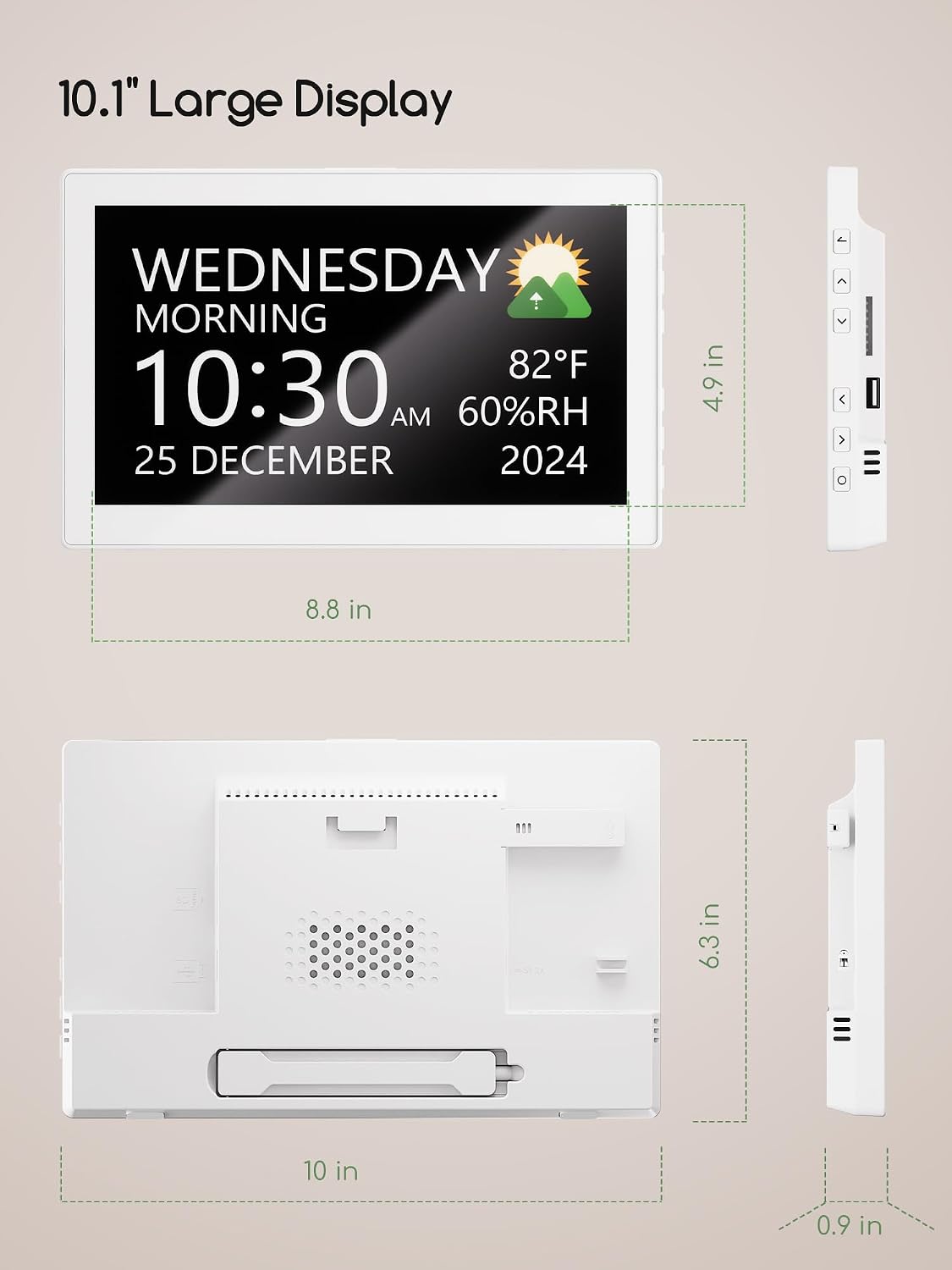 Digital Clock, 10.1 Inch Large Display Calendar Clock with 12 Themes, 20 Alarms, 20 Reminders, Auto Dimming, 12/24 Hours, Indoor Temperature, Humidity for Seniors, Desk (Black)