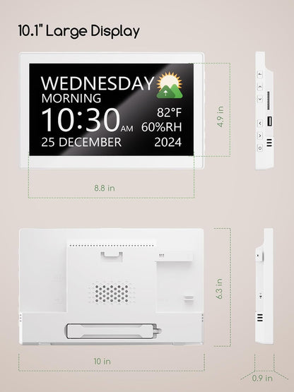 Digital Clock, 10.1 Inch Large Display Calendar Clock with 12 Themes, 20 Alarms, 20 Reminders, Auto Dimming, 12/24 Hours, Indoor Temperature, Humidity for Seniors, Desk (Black)