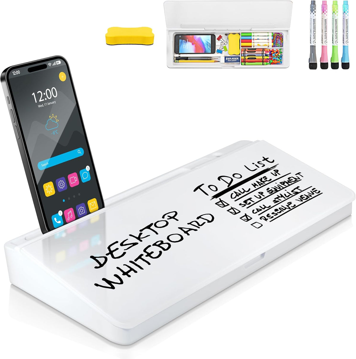 Desktop Whiteboard - Glass Dry Erase White Board - Desk Computer Buddy – Home Office & Studying Essentials - Desktop Pad with Phone & Tablet Slot, Storage Compartment - Includes 4 Markers, 1 Eraser