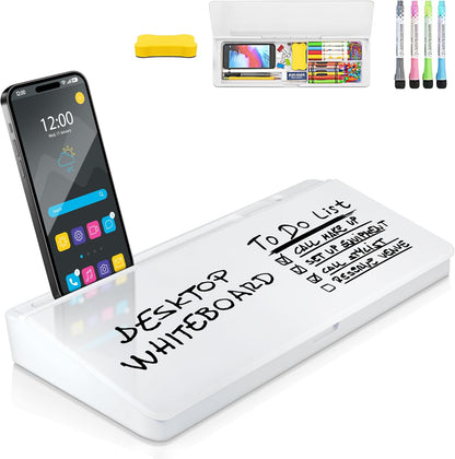 Desktop Whiteboard - Glass Dry Erase White Board - Desk Computer Buddy – Home Office & Studying Essentials - Desktop Pad with Phone & Tablet Slot, Storage Compartment - Includes 4 Markers, 1 Eraser