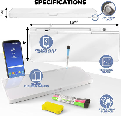 Desktop Whiteboard - Glass Dry Erase White Board - Desk Computer Buddy – Home Office & Studying Essentials - Desktop Pad with Phone & Tablet Slot, Storage Compartment - Includes 4 Markers, 1 Eraser
