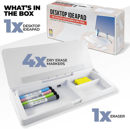 Desktop Whiteboard - Glass Dry Erase White Board - Desk Computer Buddy – Home Office & Studying Essentials - Desktop Pad with Phone & Tablet Slot, Storage Compartment - Includes 4 Markers, 1 Eraser