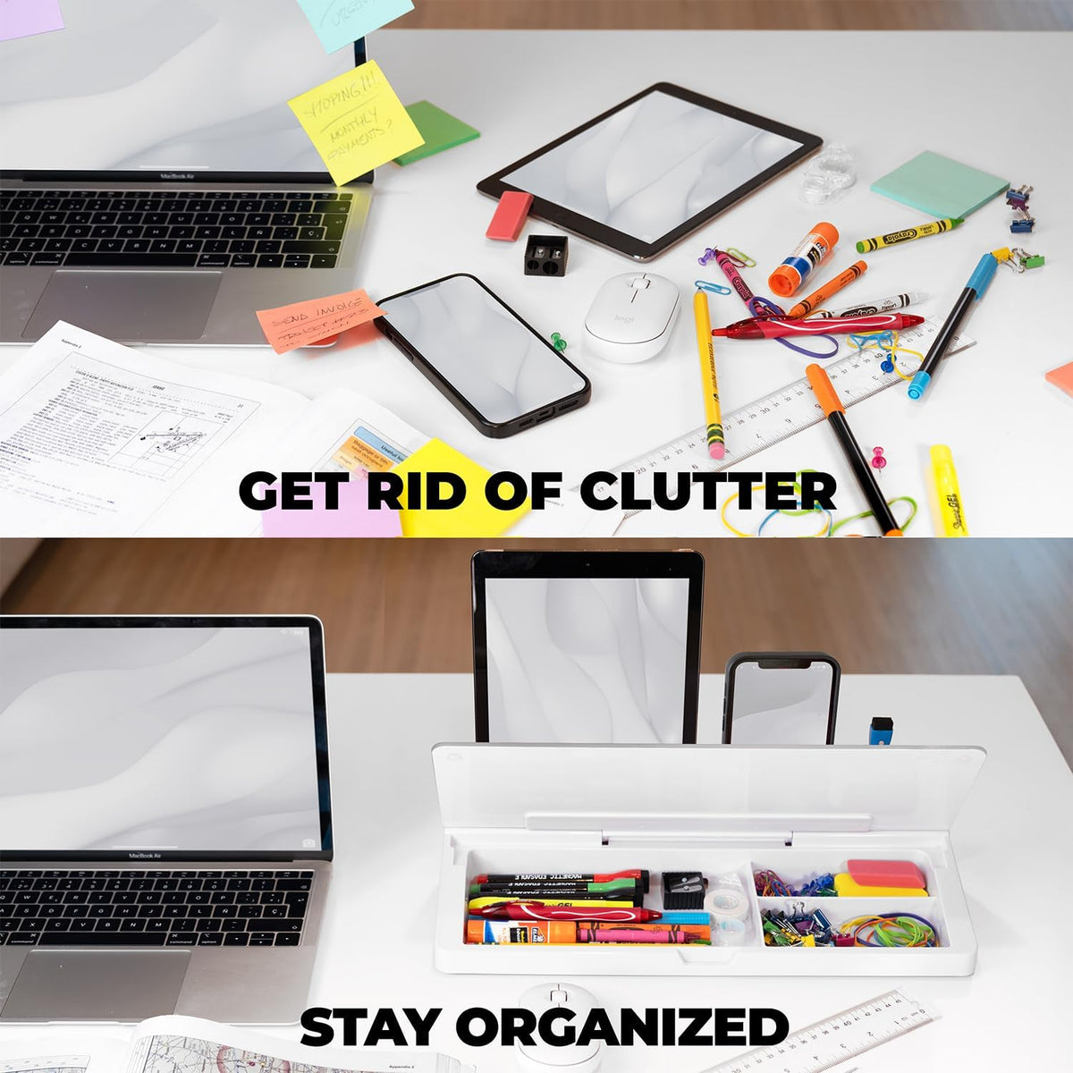 Desktop Whiteboard - Glass Dry Erase White Board - Desk Computer Buddy – Home Office & Studying Essentials - Desktop Pad with Phone & Tablet Slot, Storage Compartment - Includes 4 Markers, 1 Eraser