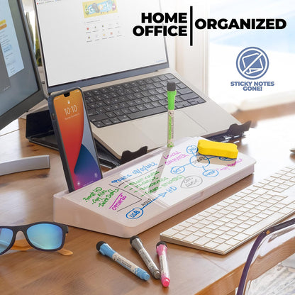 Desktop Whiteboard - Glass Dry Erase White Board - Desk Computer Buddy – Home Office & Studying Essentials - Desktop Pad with Phone & Tablet Slot, Storage Compartment - Includes 4 Markers, 1 Eraser
