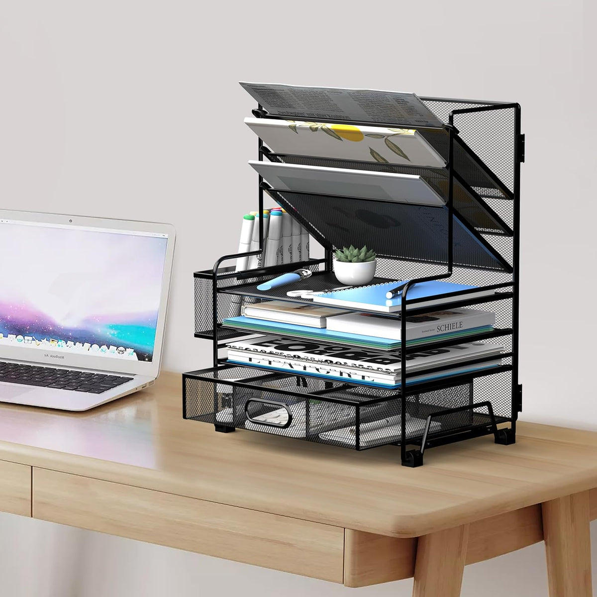 4-Tier Paper Organizer + 3-Pocket File Holder + Drawer + Pen Holders, Desktop File Organizers Paper Tray for Office Accessories School Classroom Organization (Black)