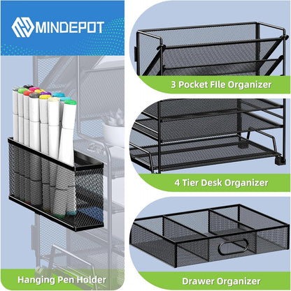 4-Tier Paper Organizer + 3-Pocket File Holder + Drawer + Pen Holders, Desktop File Organizers Paper Tray for Office Accessories School Classroom Organization (Black)