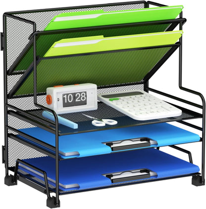 4-Tier Paper Organizer + 3-Pocket File Holder + Drawer + Pen Holders, Desktop File Organizers Paper Tray for Office Accessories School Classroom Organization (Black)