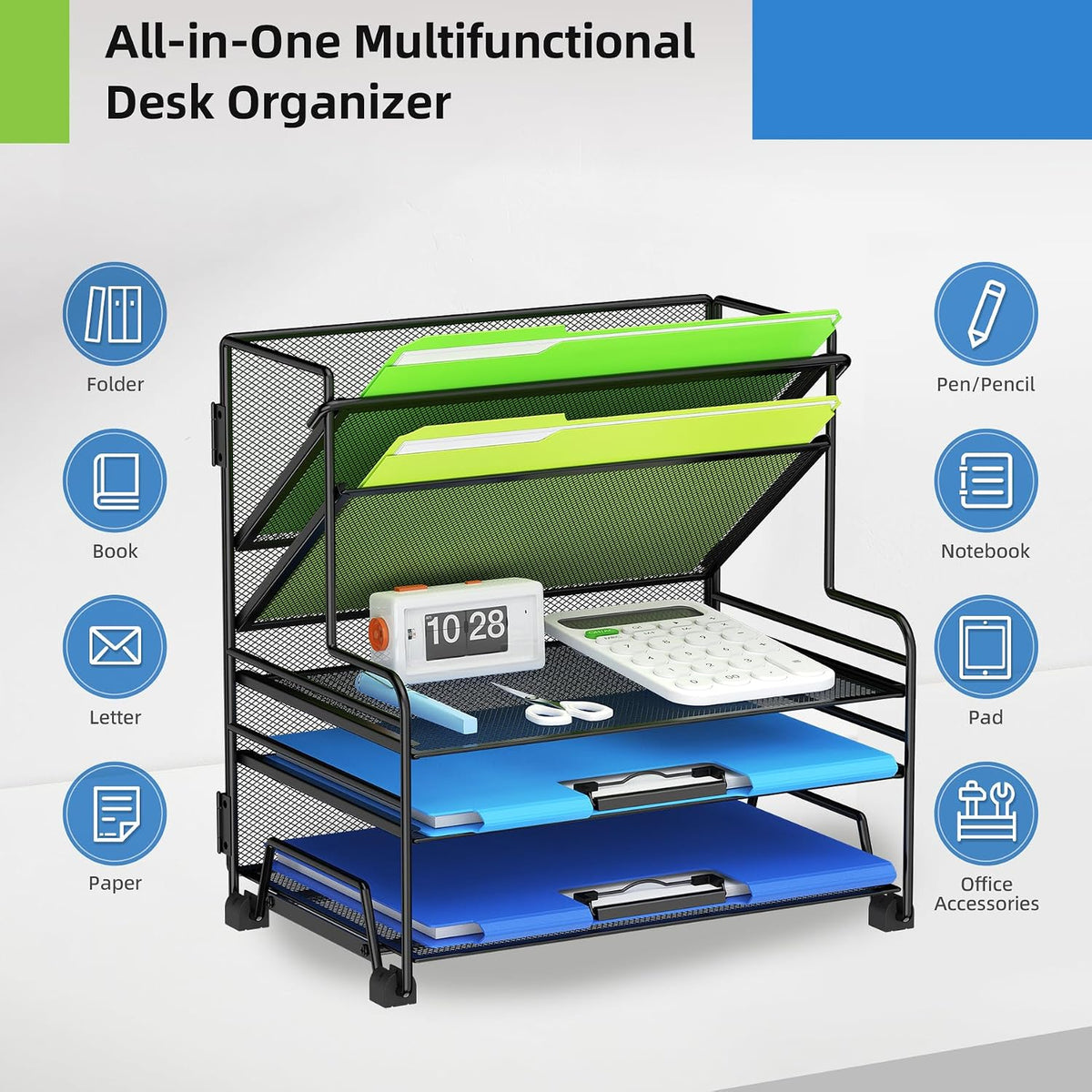 4-Tier Paper Organizer + 3-Pocket File Holder + Drawer + Pen Holders, Desktop File Organizers Paper Tray for Office Accessories School Classroom Organization (Black)