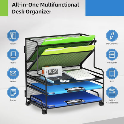 4-Tier Paper Organizer + 3-Pocket File Holder + Drawer + Pen Holders, Desktop File Organizers Paper Tray for Office Accessories School Classroom Organization (Black)