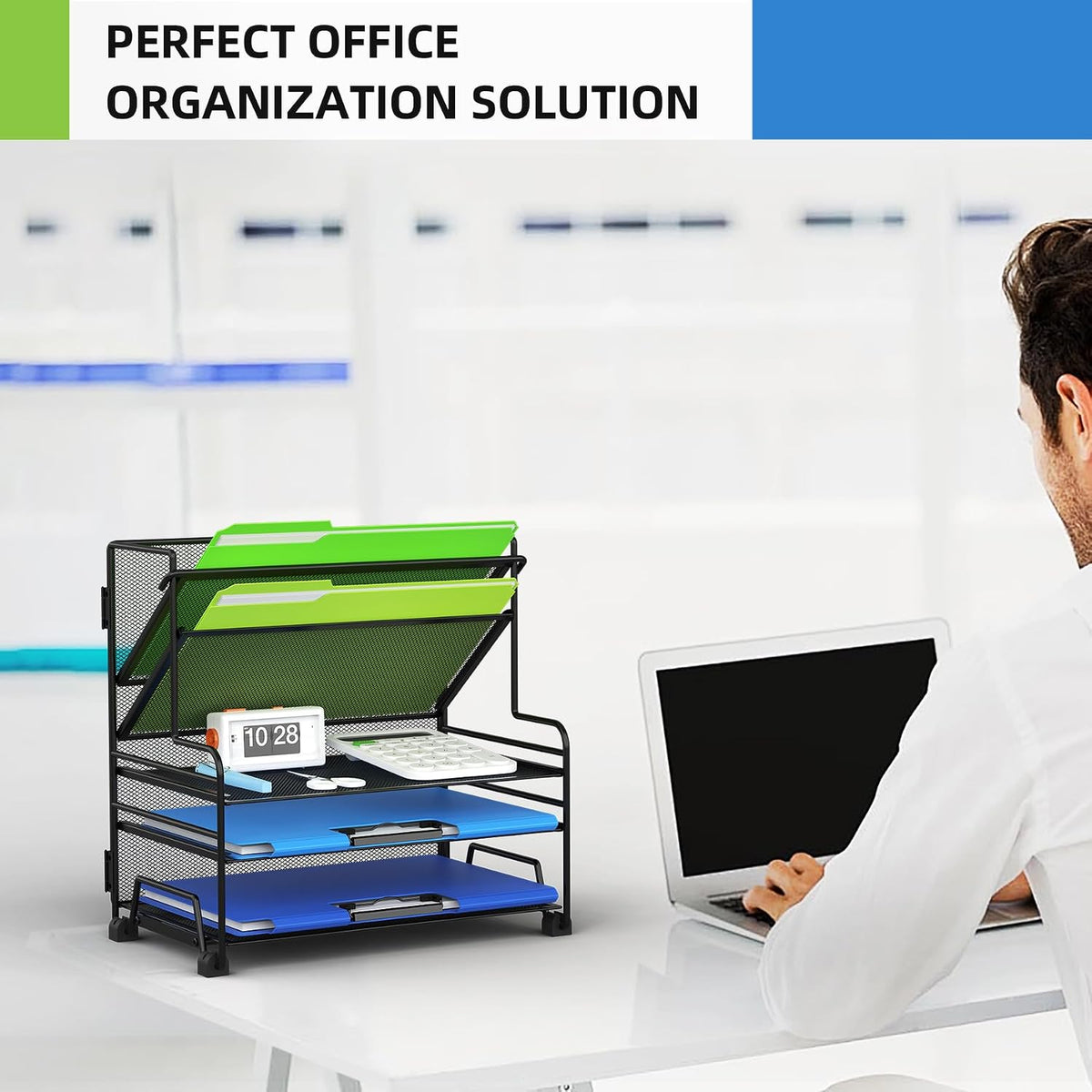 4-Tier Paper Organizer + 3-Pocket File Holder + Drawer + Pen Holders, Desktop File Organizers Paper Tray for Office Accessories School Classroom Organization (Black)