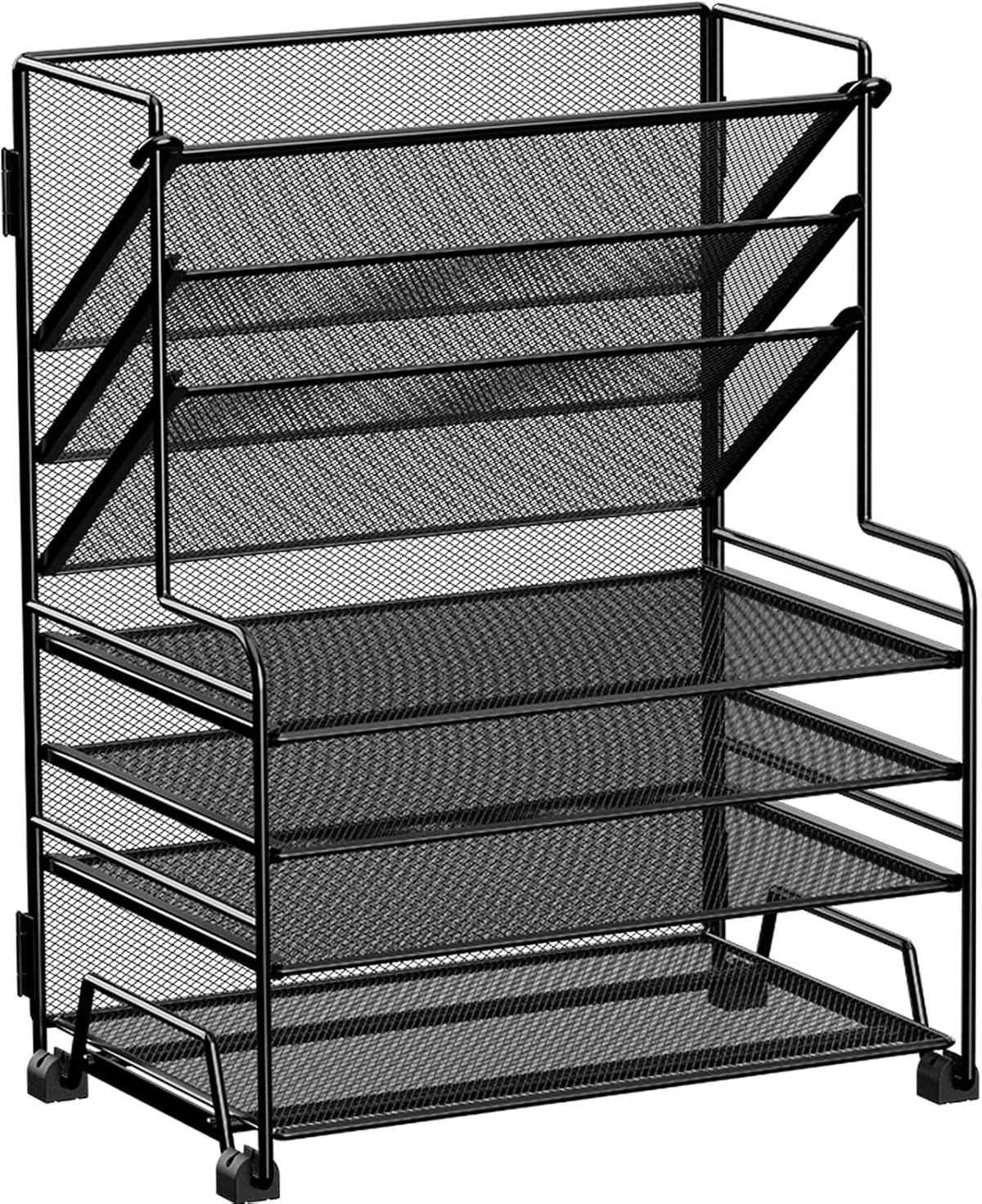 4-Tier Paper Organizer + 3-Pocket File Holder + Drawer + Pen Holders, Desktop File Organizers Paper Tray for Office Accessories School Classroom Organization (Black)