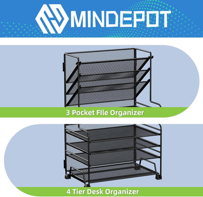 4-Tier Paper Organizer + 3-Pocket File Holder + Drawer + Pen Holders, Desktop File Organizers Paper Tray for Office Accessories School Classroom Organization (Black)