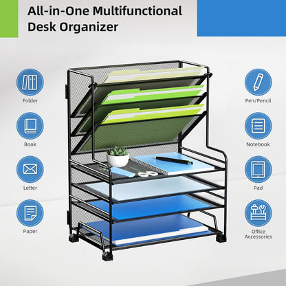 4-Tier Paper Organizer + 3-Pocket File Holder + Drawer + Pen Holders, Desktop File Organizers Paper Tray for Office Accessories School Classroom Organization (Black)