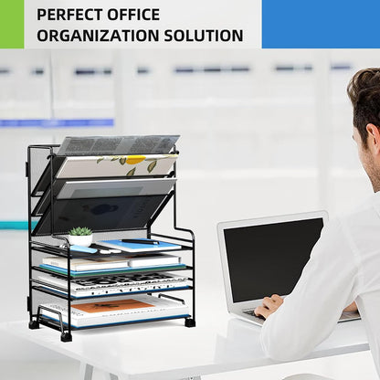 4-Tier Paper Organizer + 3-Pocket File Holder + Drawer + Pen Holders, Desktop File Organizers Paper Tray for Office Accessories School Classroom Organization (Black)