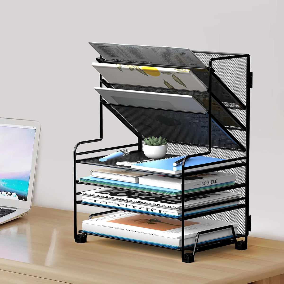 4-Tier Paper Organizer + 3-Pocket File Holder + Drawer + Pen Holders, Desktop File Organizers Paper Tray for Office Accessories School Classroom Organization (Black)