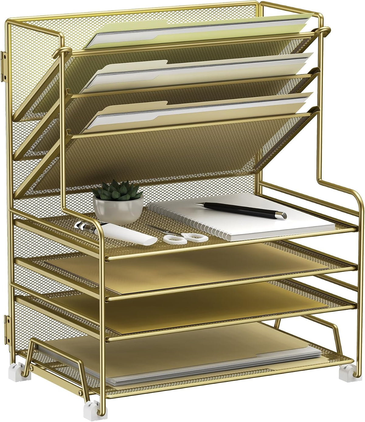 4-Tier Paper Organizer + 3-Pocket File Holder + Drawer + Pen Holders, Desktop File Organizers Paper Tray for Office Accessories School Classroom Organization (Black)