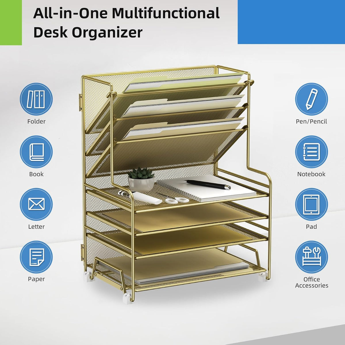 4-Tier Paper Organizer + 3-Pocket File Holder + Drawer + Pen Holders, Desktop File Organizers Paper Tray for Office Accessories School Classroom Organization (Black)