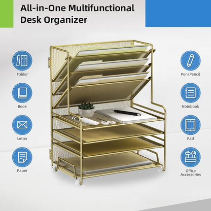 4-Tier Paper Organizer + 3-Pocket File Holder + Drawer + Pen Holders, Desktop File Organizers Paper Tray for Office Accessories School Classroom Organization (Black)