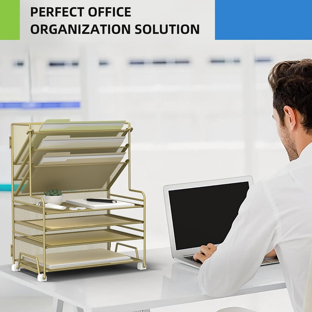 4-Tier Paper Organizer + 3-Pocket File Holder + Drawer + Pen Holders, Desktop File Organizers Paper Tray for Office Accessories School Classroom Organization (Black)